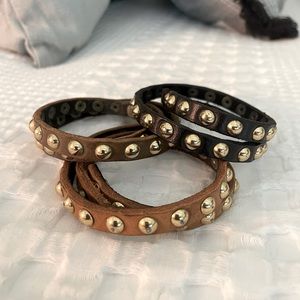 Linea Pelle Leather Studded Wrap Bracelets. Set of 3, Black, Saddle,Olive.